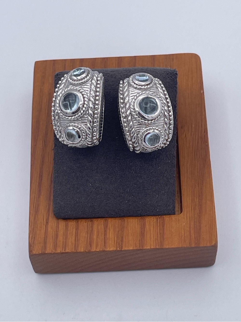 Judith Ripka Sterling Silver 925 Aquamarine Omega Back J-Hoop Earrings Heavy - Picture 4 of 8